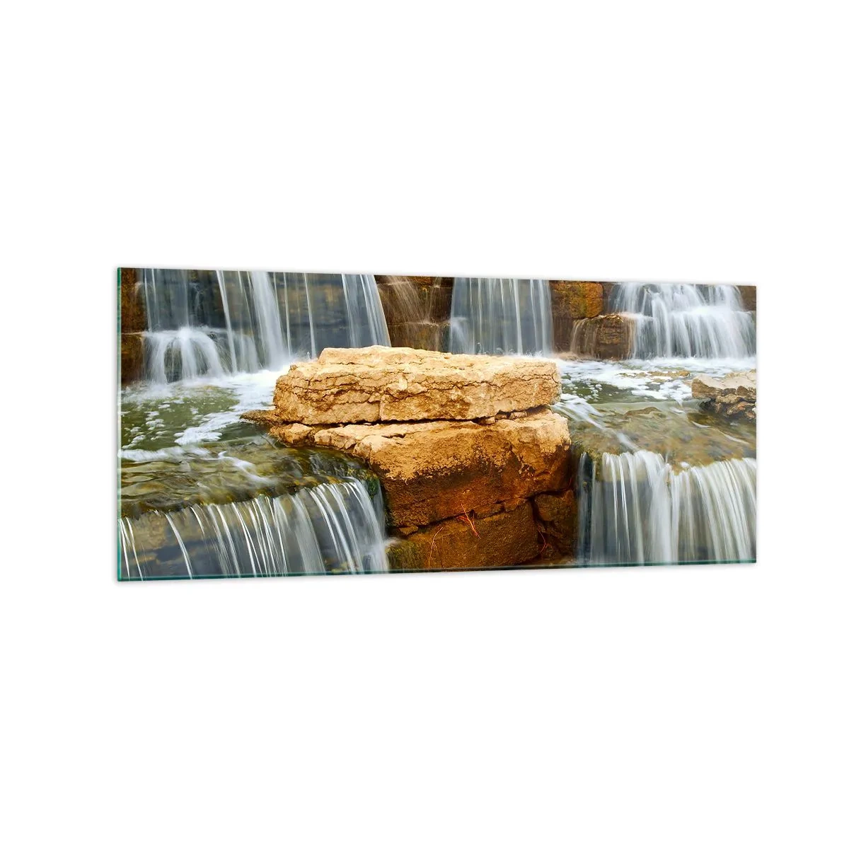 Impression sur verre - Image sur verre - Une cascade qui coule sur des marches de pierre - 120x50cm - Escalier vers le ciel - Décoration murale moderne pour le salon et la chambre ARTTOR