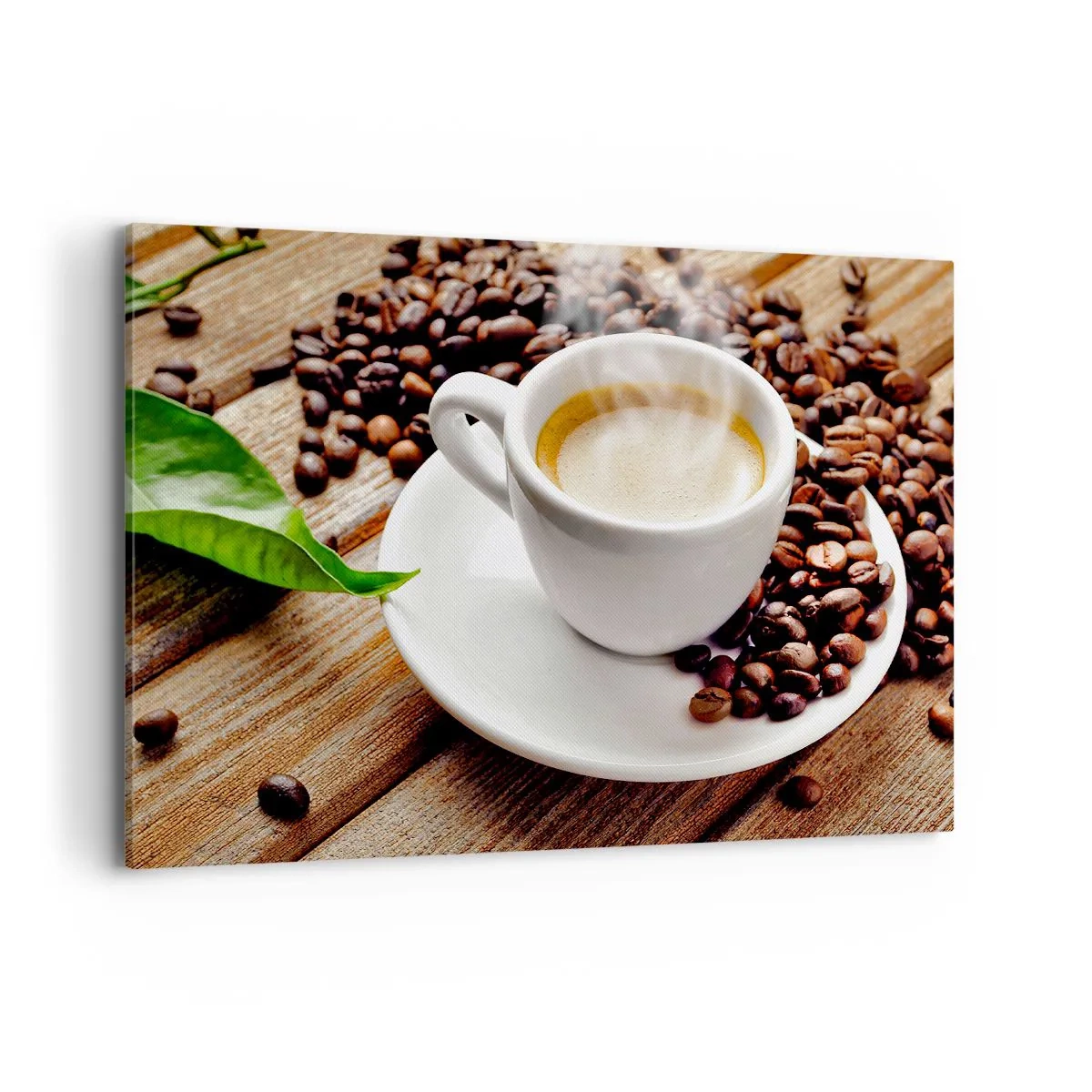 Impression sur toile - Image sur toile - Une tasse de café aromatique sur fond de grains et d'une feuille - 100x70cm - Café sur un banc - Décoration murale moderne pour le salon et la chambre ARTTOR