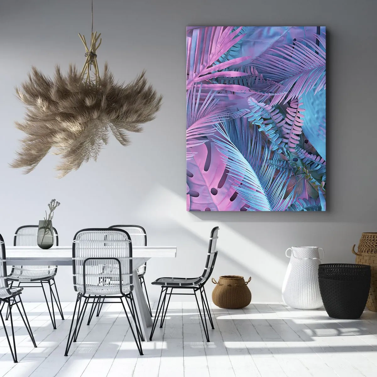 Impression sur toile - Image sur toile - Feuilles tropicales dans les tons de rose et de bleu - 80x120cm - Les tropiques en rose et bleu - Décoration murale moderne pour le salon et la chambre ARTTOR