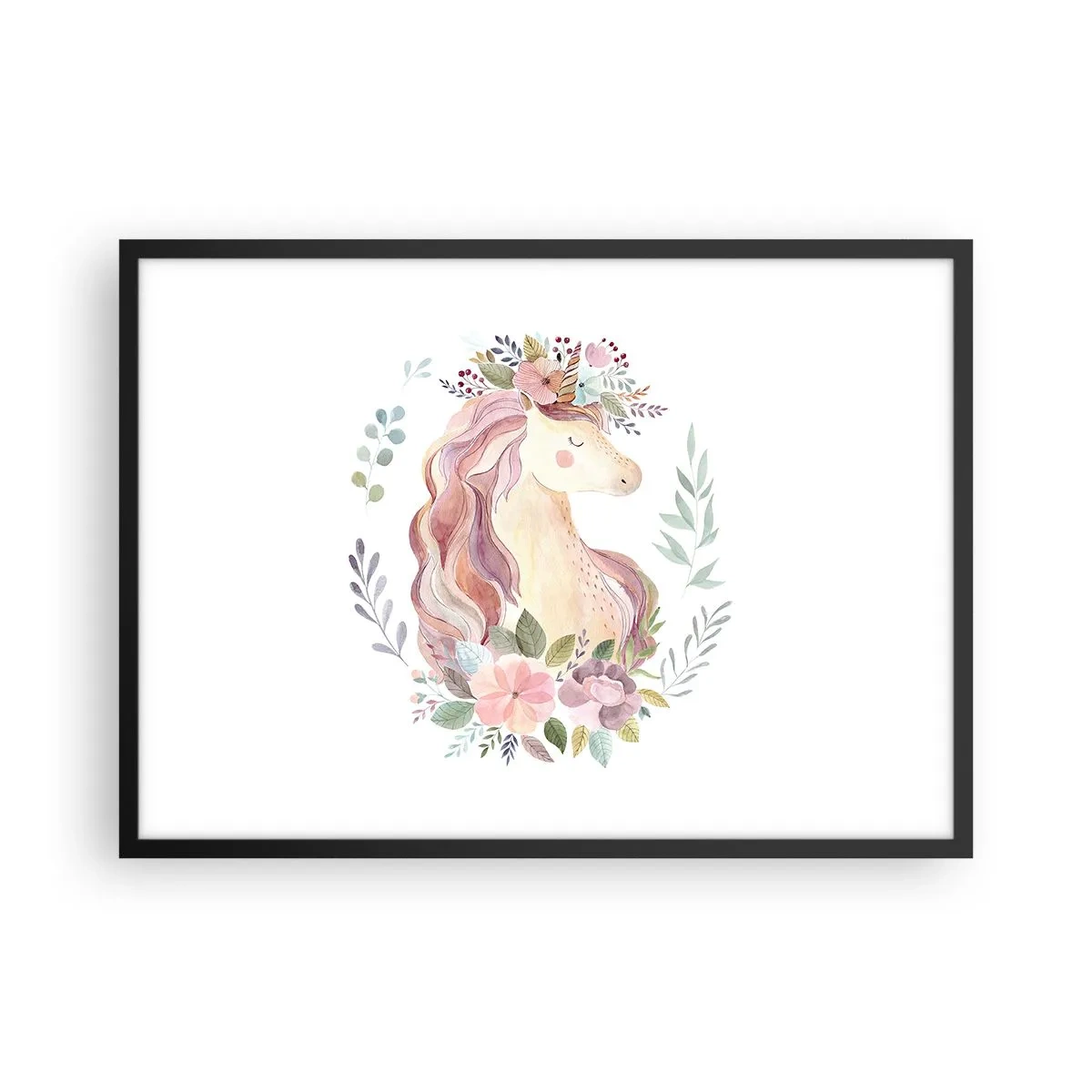Affiche dans un cadre noir - Poster - Une licorne aux couleurs pastel entourée de fleurs - 70x50cm - Invitation au monde des contes de fées - Décoration murale moderne pour le salon et la chambre ARTTOR