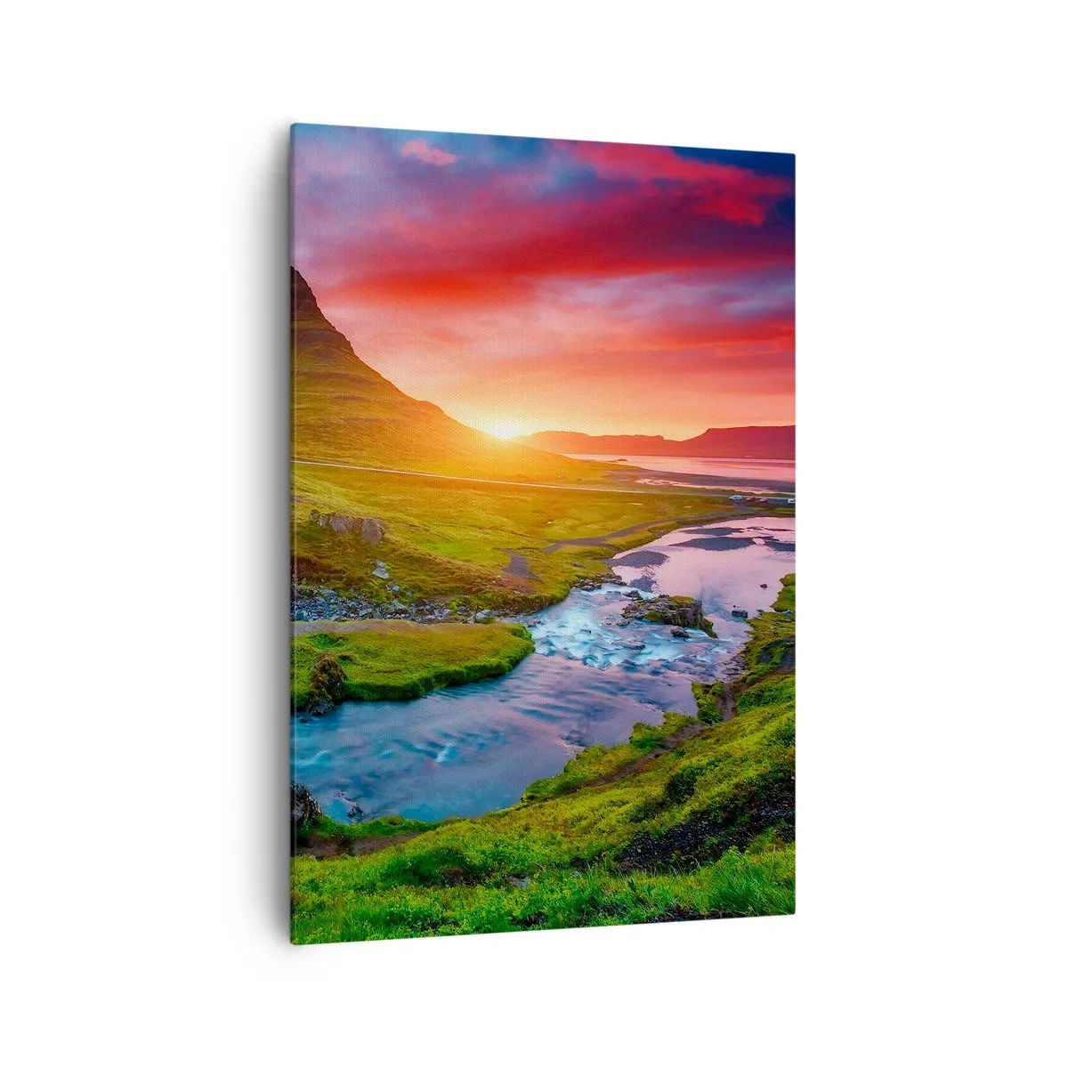 Impression sur toile - Image sur toile - Cascade pittoresque et montagne au coucher du soleil - 70x100cm - Islande - feu et eau - Décoration murale moderne pour le salon et la chambre ARTTOR