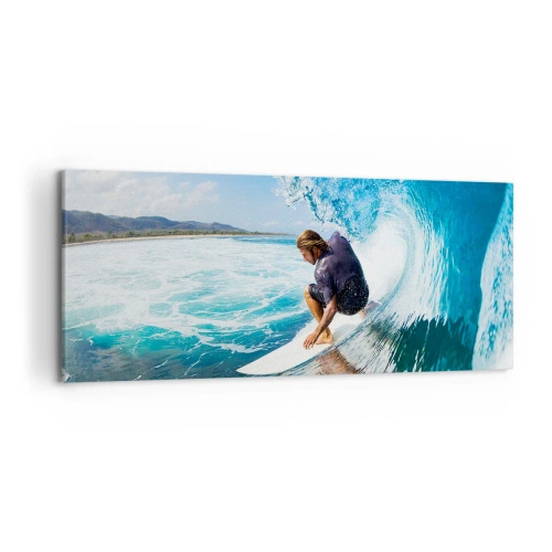 Impression sur toile - Image sur toile - Un surfeur dans une pose dynamique sur une vague dans une eau turquoise. - 120x50cm - Danse avec les vagues - Décoration murale moderne pour le salon et la chambre ARTTOR