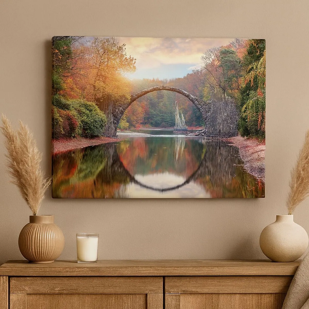 Impression sur toile - Image sur toile - Un pont de pierre dans un paysage d'automne sur une eau calme - 70x50cm - De l'autre cote du miroir - Décoration murale moderne pour le salon et la chambre ARTTOR