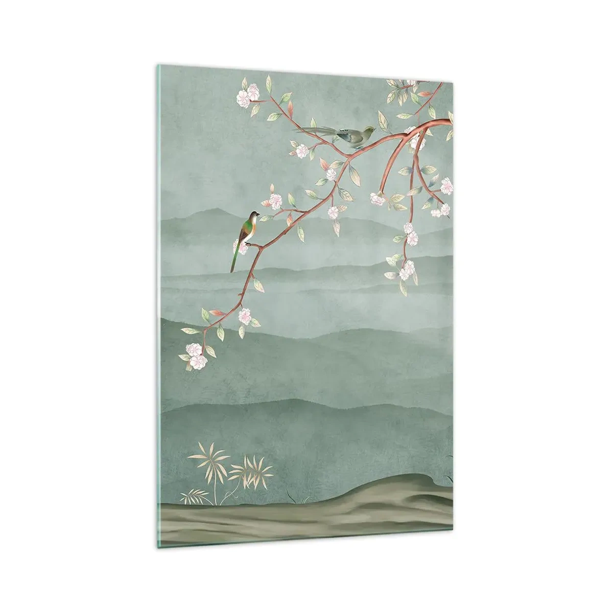 Impression sur verre - Image sur verre - Une image pittoresque d'une branche d'arbre en fleurs avec des oiseaux sur fond de collines verdoyantes. - 70x100cm - Printemps oh c'est toi - Décoration murale moderne pour le salon et la chambre ARTTOR