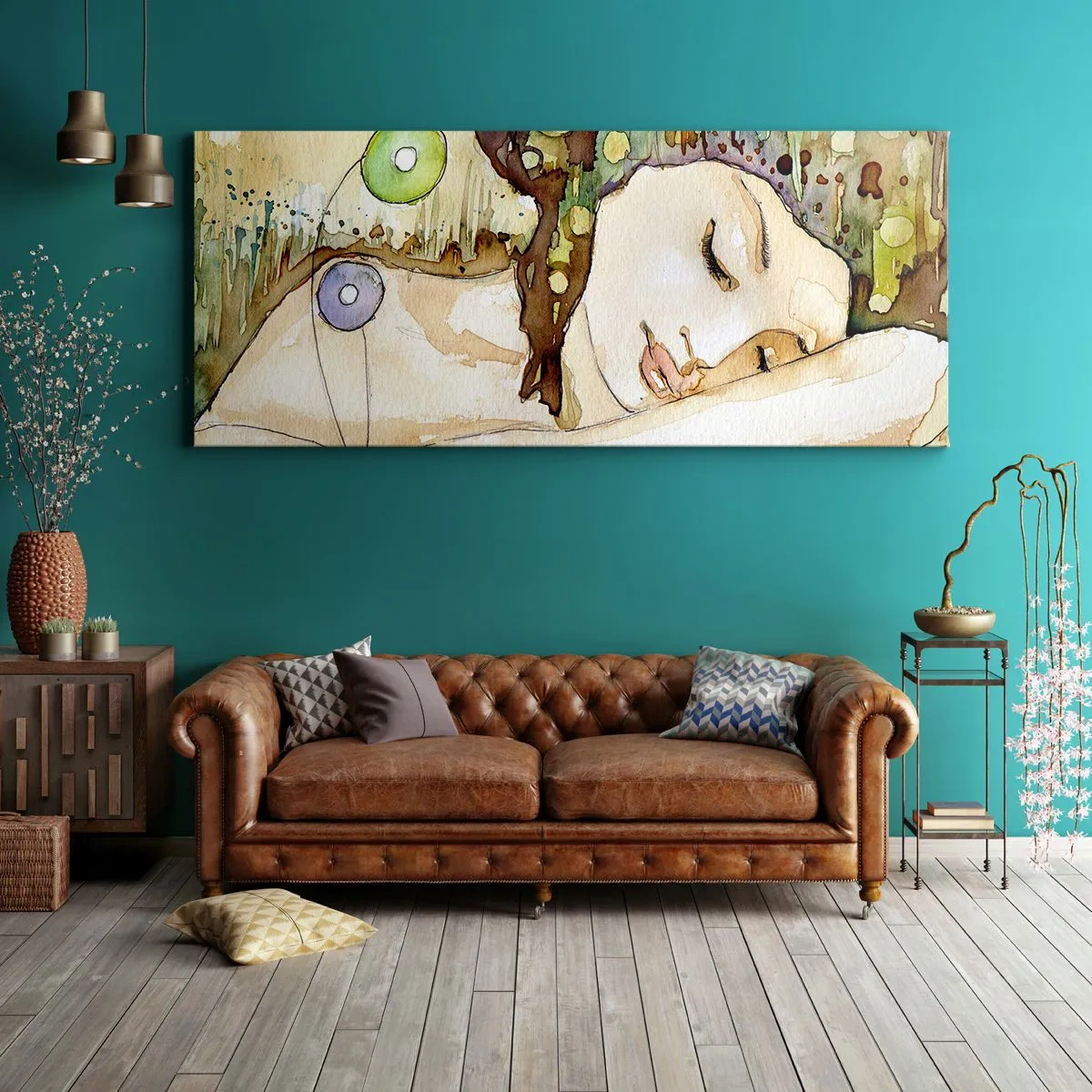 Impression sur toile - Image sur toile - Une femme rêvant entourée de formes et de couleurs abstraites. - 140x50cm - Un rêve violet émeraude - Décoration murale moderne pour le salon et la chambre ARTTOR