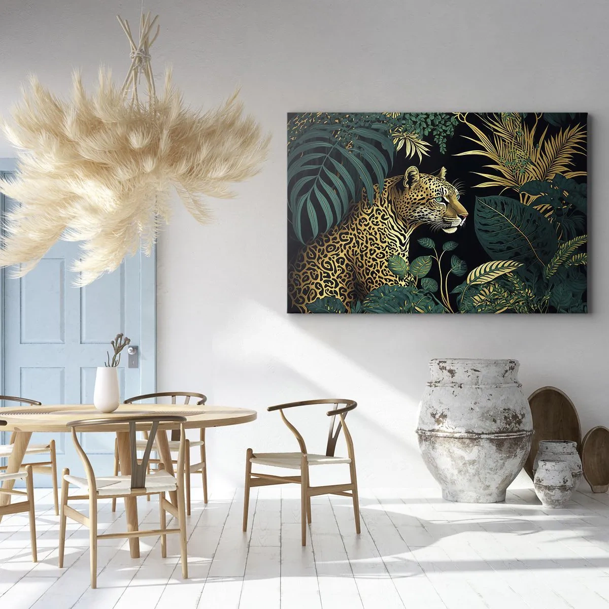 Impression sur toile - Image sur toile - Léopard dans des feuilles tropicales sur fond noir - 100x70cm - Un hôte dans la jungle - Décoration murale moderne pour le salon et la chambre ARTTOR