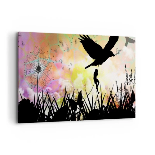 Impression sur toile - Image sur toile - Silhouette de la nature avec un oiseau et un pissenlit - 120x80cm - Dans une ambiance de conte de fées - Décoration murale moderne pour le salon et la chambre ARTTOR