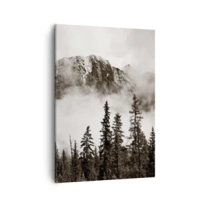 Impression sur toile - Image sur toile - Un sommet de montagne pittoresque entouré de brouillard et d'une forêt aux tons sépia - 50x70cm - Seigneur de granite - Décoration murale moderne pour le salon et la chambre ARTTOR