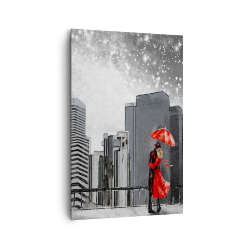 Impression sur toile - Image sur toile - Un couple en rouge avec un parapluie sur fond de paysage urbain - 80x120cm - L'homme n'est pas une pierre - Décoration murale moderne pour le salon et la chambre ARTTOR