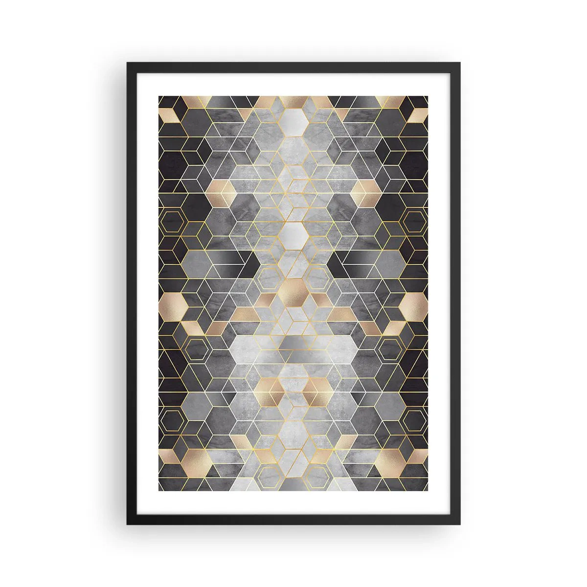 Affiche dans un cadre noir - Poster - Motif hexagonal géométrique dans les tons d'or et de gris - 50x70cm - Composition de diamants - Décoration murale moderne pour le salon et la chambre ARTTOR