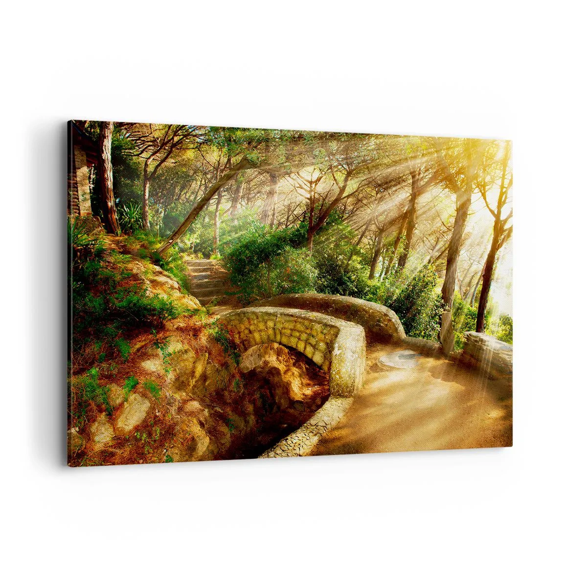 Impression sur toile - Image sur toile - Paysage forestier avec des rayons de soleil et un pont de pierre - 100x70cm - Directement du pont dans une forêt de conte de fées - Décoration murale moderne pour le salon et la chambre ARTTOR