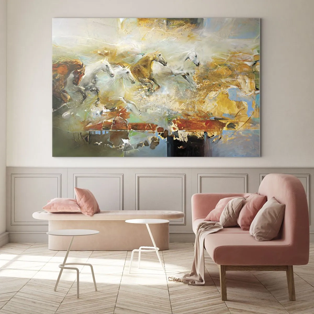 Impression sur verre - Image sur verre - Chevaux abstraits en mouvement dynamique - 100x70cm - Au galop vers la lumière - Décoration murale moderne pour le salon et la chambre ARTTOR