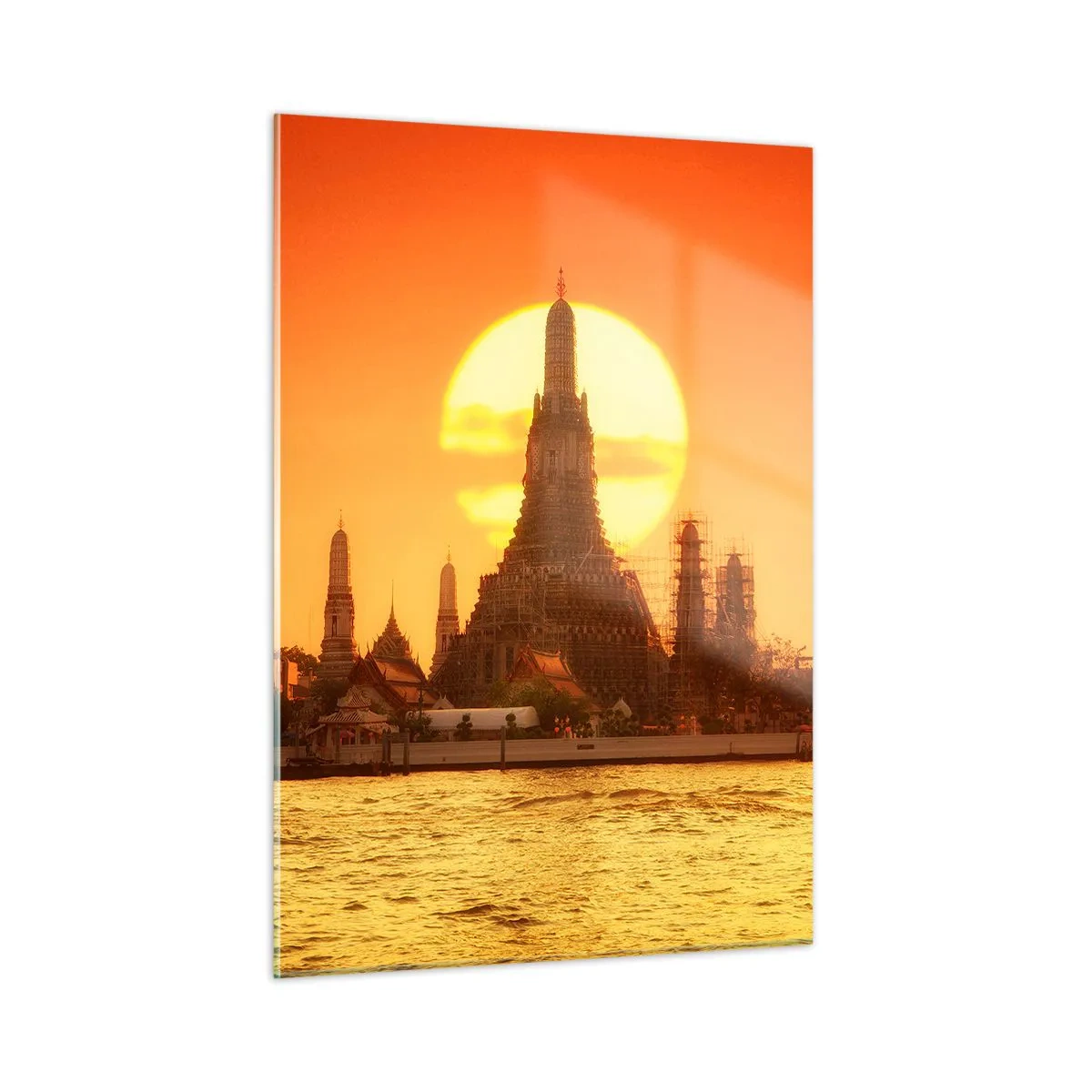 Impression sur verre - Image sur verre - Temple au coucher du soleil sur la rivière - 50x70cm - Vers le soleil, toujours vers le soleil - Décoration murale moderne pour le salon et la chambre ARTTOR