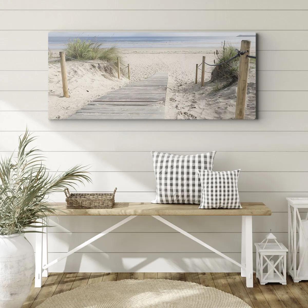 Impression sur toile - Image sur toile - Un chemin de planches menant à une plage de sable - 120x50cm - A l'horizon - Décoration murale moderne pour le salon et la chambre ARTTOR