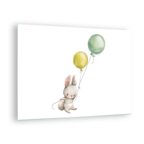 Impression sur verre - Image sur verre - Un lapin tenant deux ballons - 70x50cm - Moi aussi je vole! - Décoration murale moderne pour le salon et la chambre ARTTOR