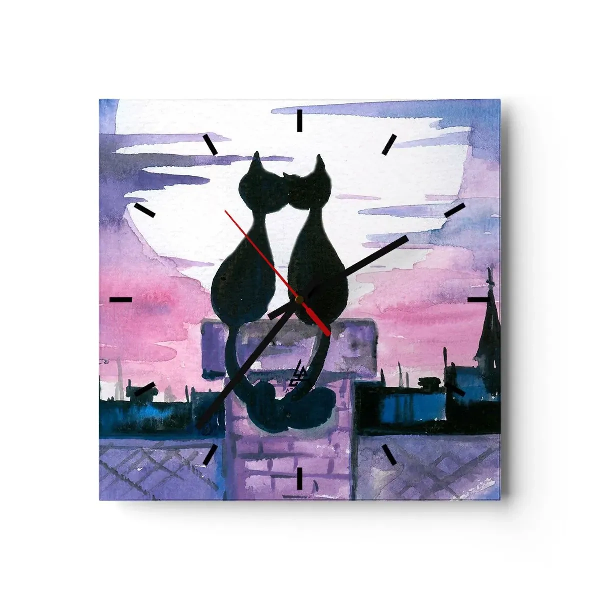 Horloge murale - Pendule murale - Chats noirs sur un toit au clair de lune dans un décor aquarelle - 30x30cm - Rendez-vous sous la lune - Décoration murale moderne pour le salon et la chambre ARTTOR