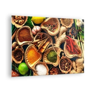 Impression sur verre - Image sur verre - Épices colorées dans des contenants naturels avec additifs - 70x50cm - Prends ce que tu veux - Décoration murale moderne pour le salon et la chambre ARTTOR