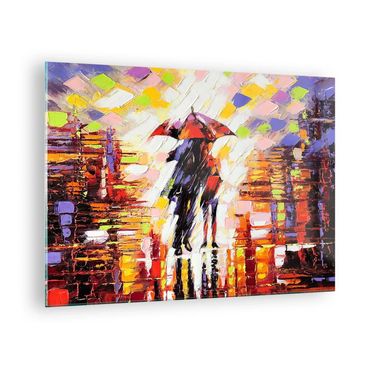 Impression sur verre - Image sur verre - Un couple sous un parapluie rouge dans une ville colorée - 70x50cm - Ensemble à travers la nuit et la pluie - Décoration murale moderne pour le salon et la chambre ARTTOR