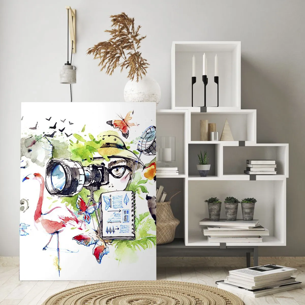 Impression sur verre - Image sur verre - Illustration d'un photographe avec un appareil photo et des animaux - 50x70cm - Dans l'objectif d'un voyageu - Décoration murale moderne pour le salon et la chambre ARTTOR