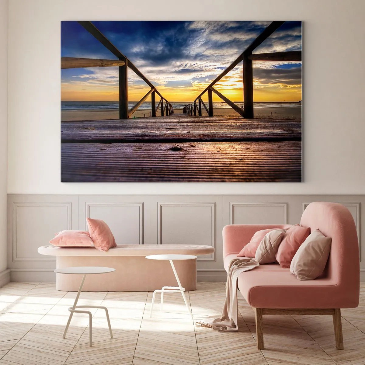 Impression sur verre - Image sur verre - Jetée menant à la plage au coucher du soleil - 70x50cm - Directement sur une plage calme au coucher de soleil - Décoration murale moderne pour le salon et la chambre ARTTOR