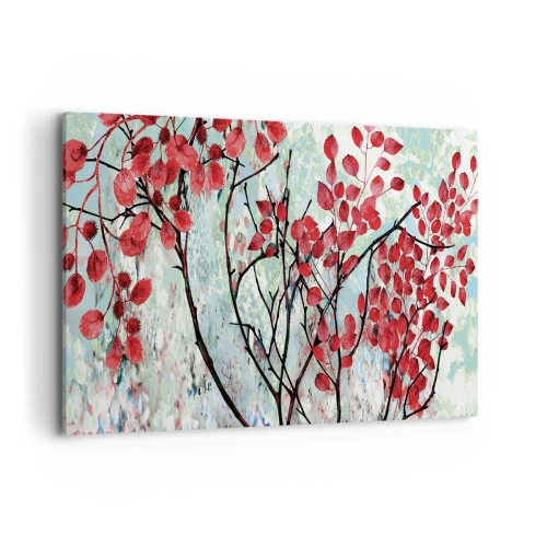 Impression sur toile - Image sur toile - Feuilles rouges sur un ciel lumineux avec des motifs abstraits - 100x70cm - Arbre en écarlate - Décoration murale moderne pour le salon et la chambre ARTTOR
