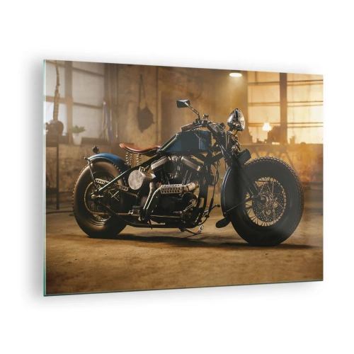Impression sur verre - Image sur verre - Prise de vue atmosphérique d'une moto classique dans un garage - 70x50cm - Je peux tout - Décoration murale moderne pour le salon et la chambre ARTTOR