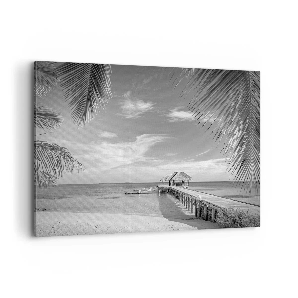 Impression sur toile - Image sur toile - Plage noire et blanche avec jetée et palmiers sur une côte tropicale - 100x70cm - Souvenirs ou rêve? - Décoration murale moderne pour le salon et la chambre ARTTOR