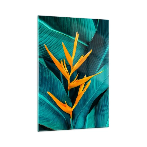 Impression sur verre - Image sur verre - Une fleur exotique sur fond de feuilles de bananier aux tons turquoise. - 80x120cm - Fleur d'Eden - Décoration murale moderne pour le salon et la chambre ARTTOR