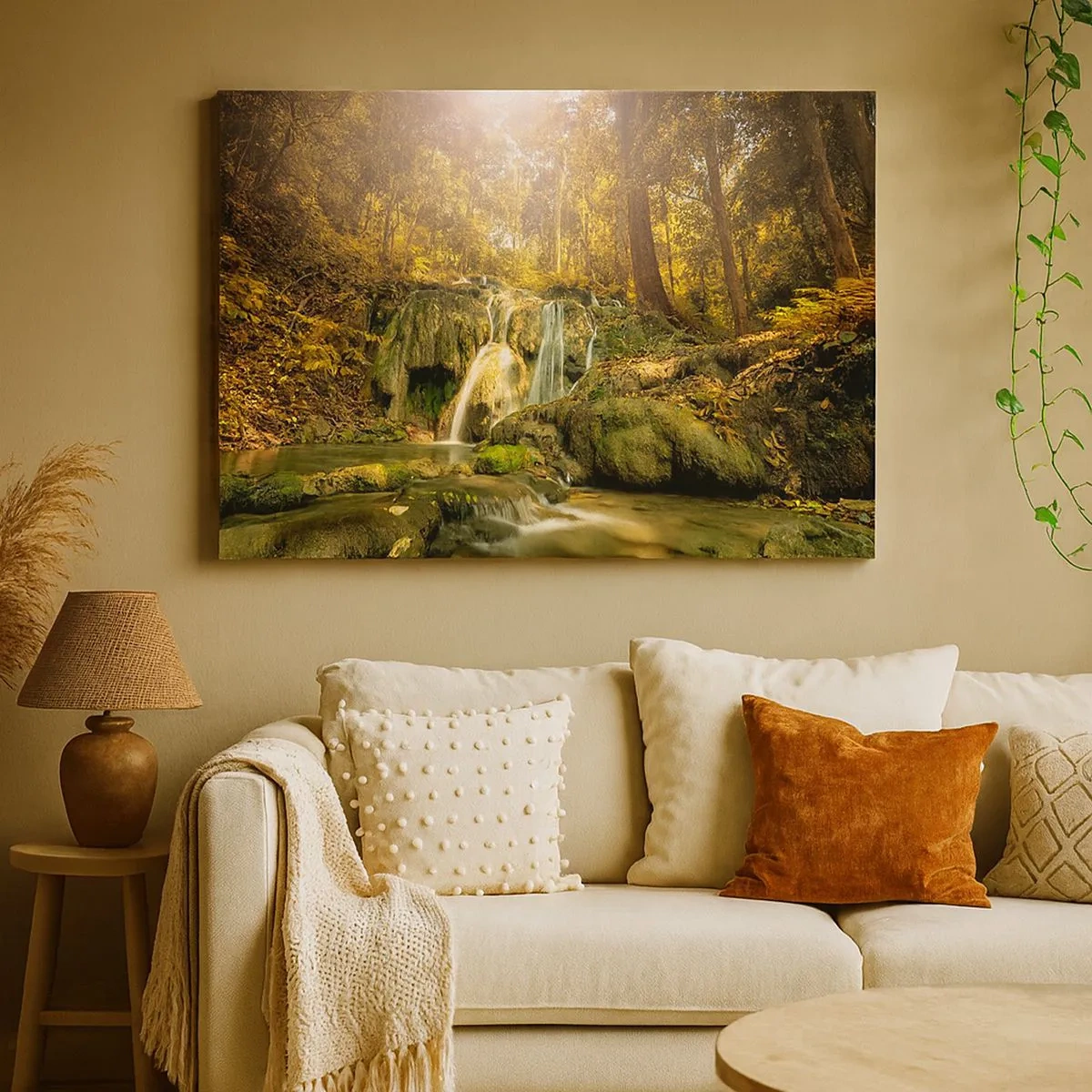 Impression sur toile - Image sur toile - Une cascade forestière sous les rayons du soleil, entourée de verdure - 70x50cm - Cascade de forêt en vert - Décoration murale moderne pour le salon et la chambre ARTTOR