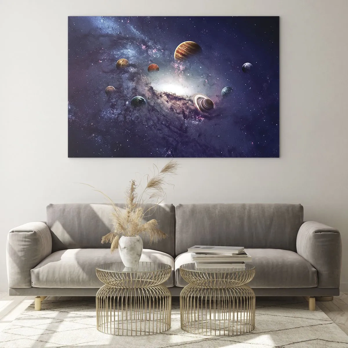 Impression sur verre - Image sur verre - Une vision fantaisiste de planètes tournant dans l'espace - 120x80cm - Système de danse solaire - Décoration murale moderne pour le salon et la chambre ARTTOR