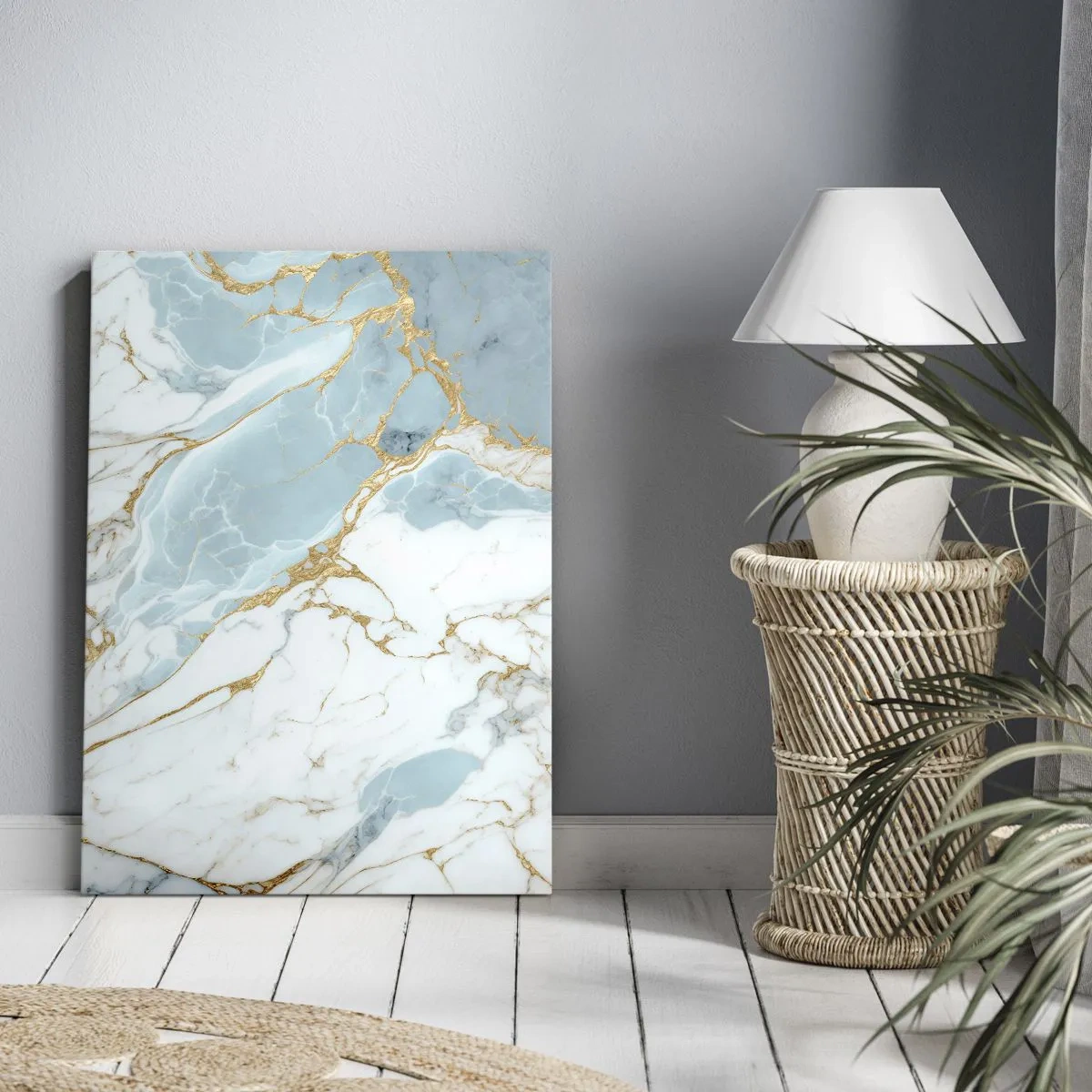 Impression sur toile - Image sur toile - Motifs en marbre bleu et blanc avec des veines dorées ajoutées - 70x100cm - Richesse en pierre - Décoration murale moderne pour le salon et la chambre ARTTOR