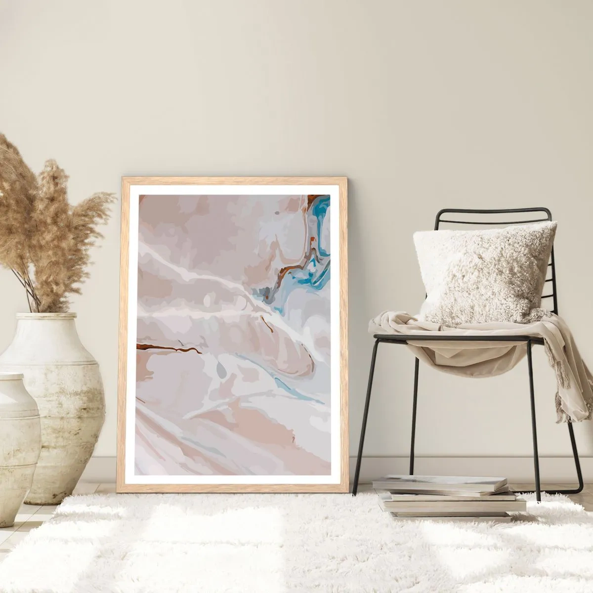 Affiche dans un chêne clair - Poster - Le bleu serpente sous le blanc - 70x100 cm