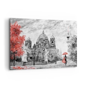 Impression sur toile - Image sur toile - Scène en noir et blanc avec Berlin, un parapluie rouge et un arbre - 120x80cm - Rencontre berlinoise - Décoration murale moderne pour le salon et la chambre ARTTOR