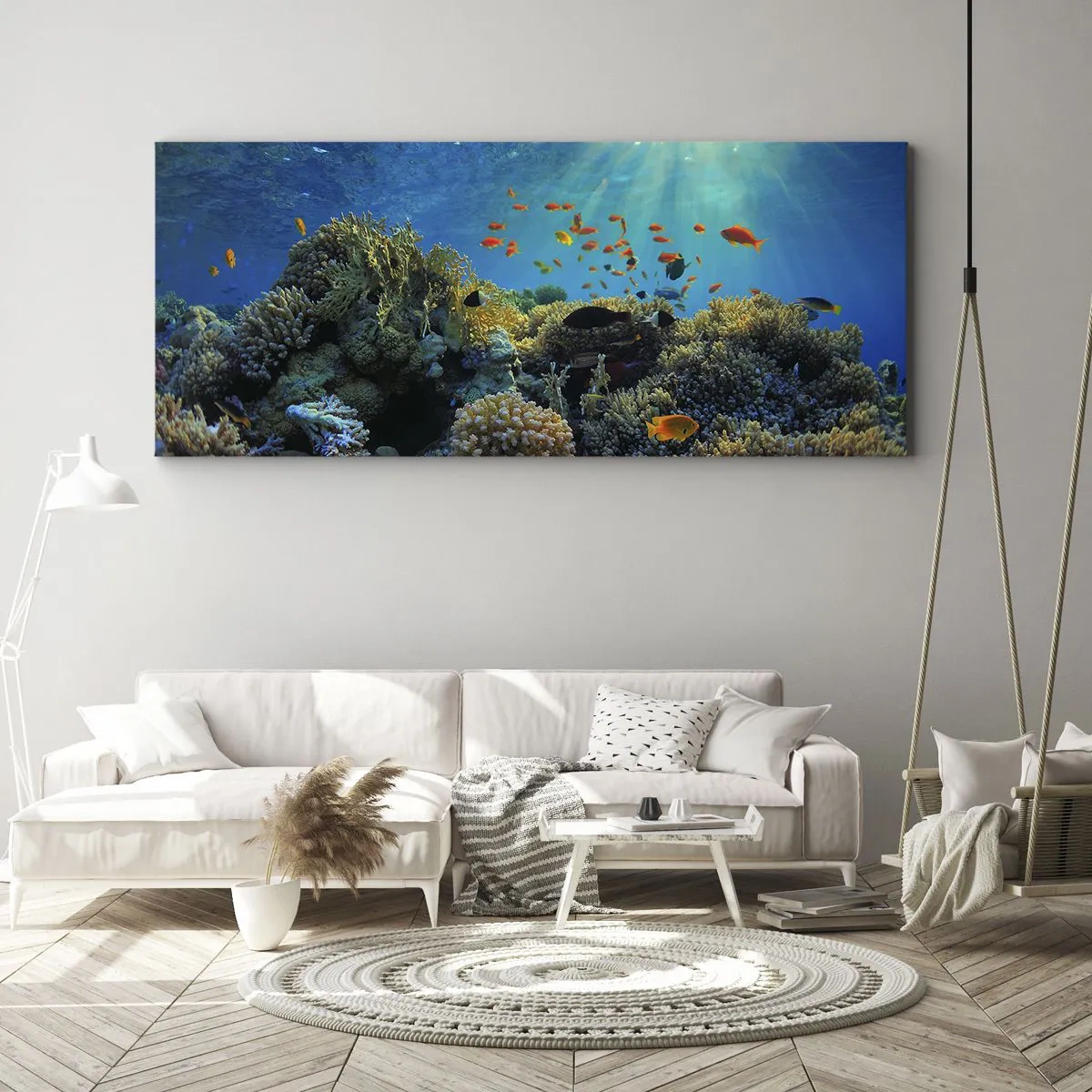 Impression sur toile - Image sur toile - Récif corallien avec des poissons sous les rayons du soleil sous l'eau - 160x50cm - Trésor sous-marin - Décoration murale moderne pour le salon et la chambre ARTTOR