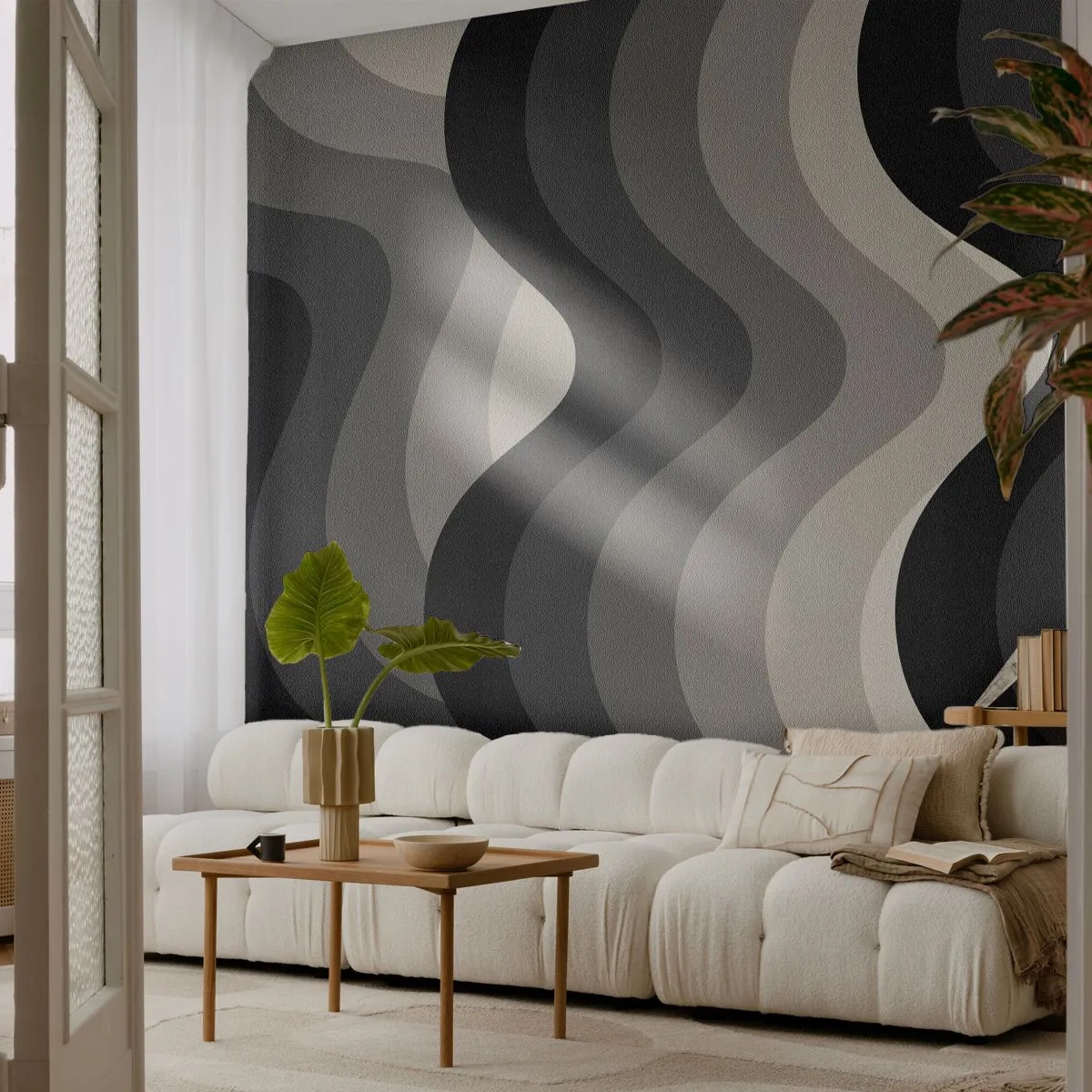 Papier Peint Photo Premium Sand - Des rayures ondulées dans des tons de gris créent un rythme géométrique - 100x70cm - Vague après vague - Décoration murale moderne pour le salon et la chambre ARTTOR