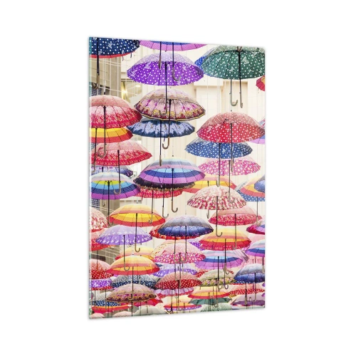 Impression sur verre - Image sur verre - Une photographie de parapluies colorés suspendus dans l'air. - 50x70cm - Prairie de la ville - Décoration murale moderne pour le salon et la chambre ARTTOR