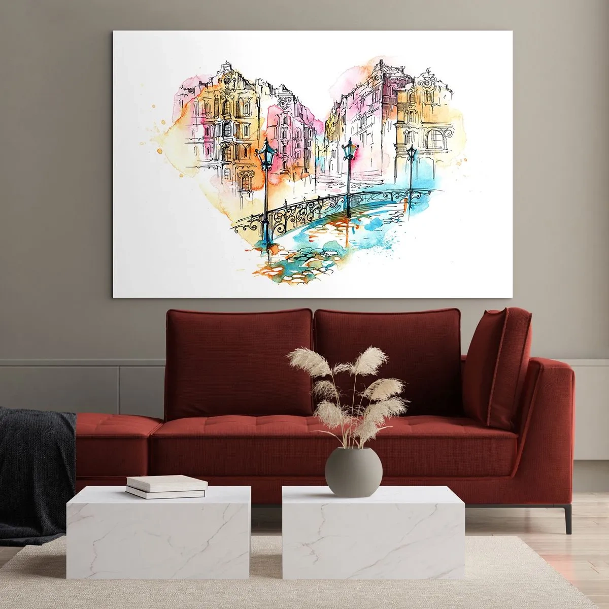 Impression sur verre - Image sur verre - Maisons romantiques avec un pont en forme de cœur, aquarelle - 70x50cm - Le coeur de la ville - Décoration murale moderne pour le salon et la chambre ARTTOR