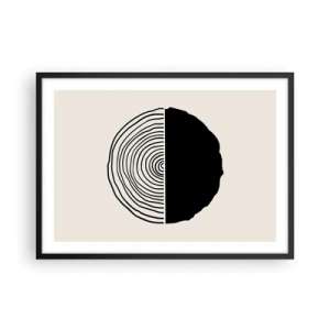 Affiche dans un cadre noir - Poster - Un motif abstrait en noir et blanc inspiré d'une coupe transversale de bois avec une division géométrique. - 70x50cm - Moitié-moitié - Décoration murale moderne pour le salon et la chambre ARTTOR