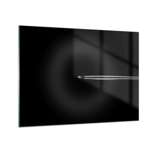Impression sur verre - Image sur verre - Un avion à réaction sur fond noir avec une traînée de condensation - 70x50cm - Dans une autre dimension - Décoration murale moderne pour le salon et la chambre ARTTOR
