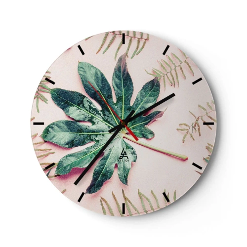 Horloge murale - Pendule murale - Une grande feuille verte sur un fond rose clair avec des détails floraux. - 30x30cm - Étude de verdure sur fond rose - Décoration murale moderne pour le salon, la cuisine et la chambre ARTTOR