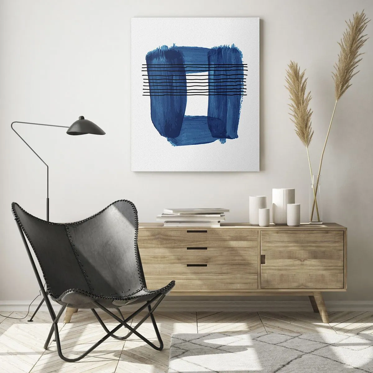 Impression sur verre - Image sur verre - Motif abstrait dans des tons de bleu avec des lignes noires - 70x100cm - Composition noire-bleue - Décoration murale moderne pour le salon et la chambre ARTTOR