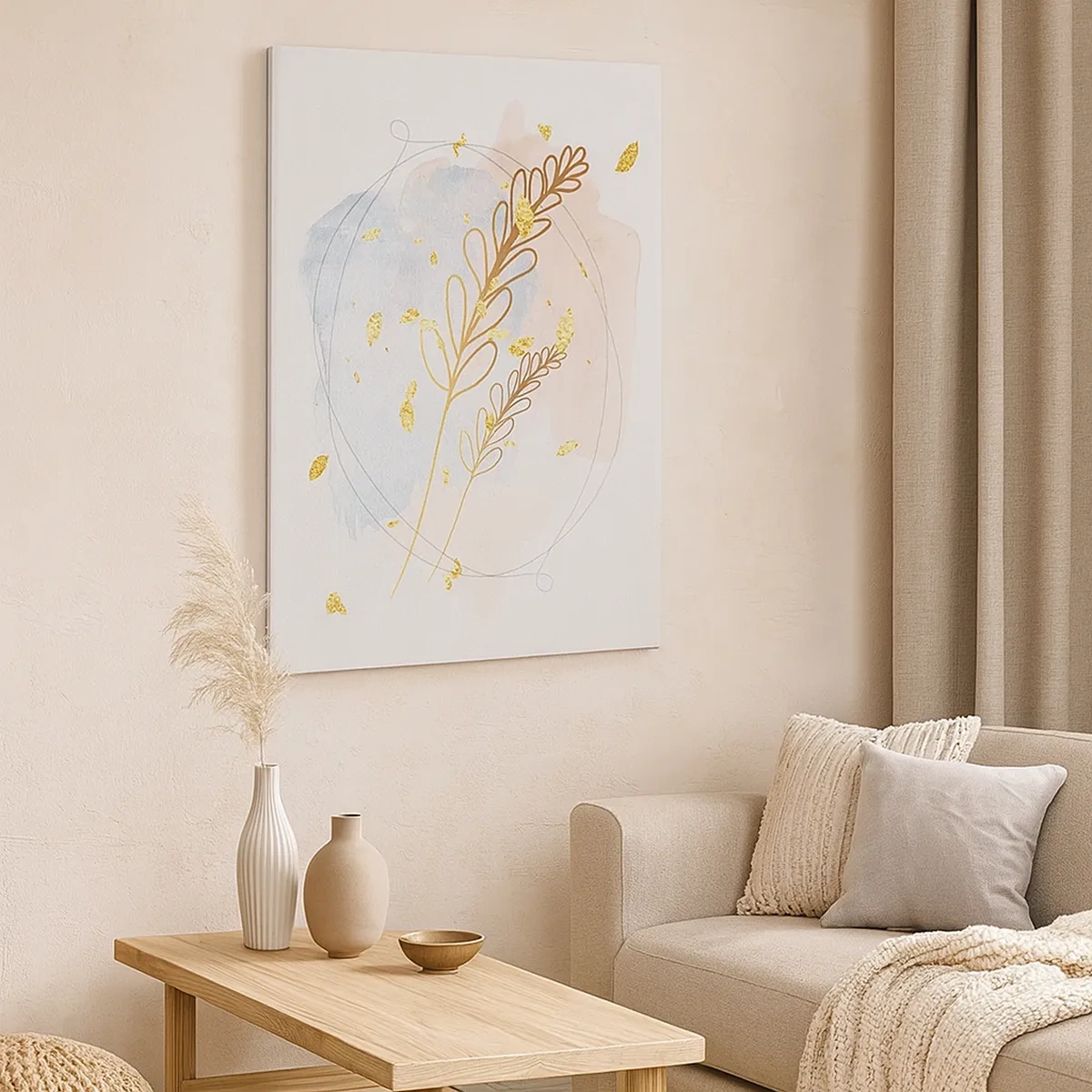 Impression sur toile - Image sur toile - Un délicat motif de feuille dorée sur un fond pastel avec des détails aquarelles. - 50x70cm - Explosion d'or - Décoration murale moderne pour le salon et la chambre ARTTOR