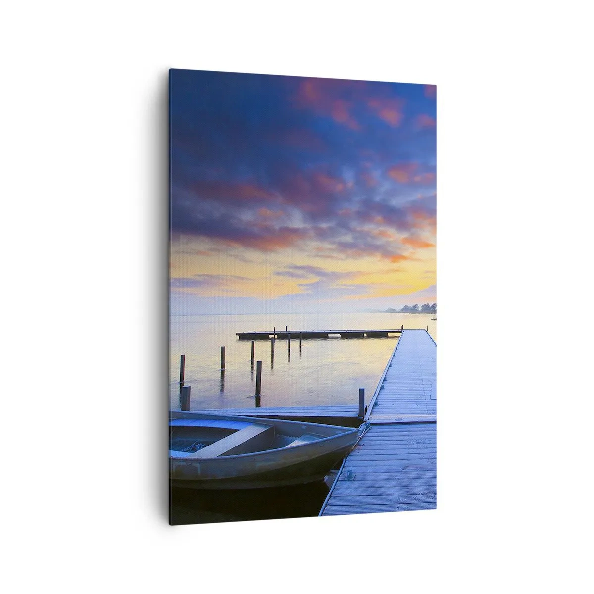 Impression sur toile - Image sur toile - Une jetée au bord du lac au coucher du soleil avec un bateau sur le rivage - 80x120cm - Calme violet-doré - Décoration murale moderne pour le salon et la chambre ARTTOR