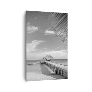 Impression sur toile - Image sur toile - Plage noire et blanche avec jetée et palmiers sur une côte tropicale - 80x120cm - Souvenirs ou rêve? - Décoration murale moderne pour le salon et la chambre ARTTOR