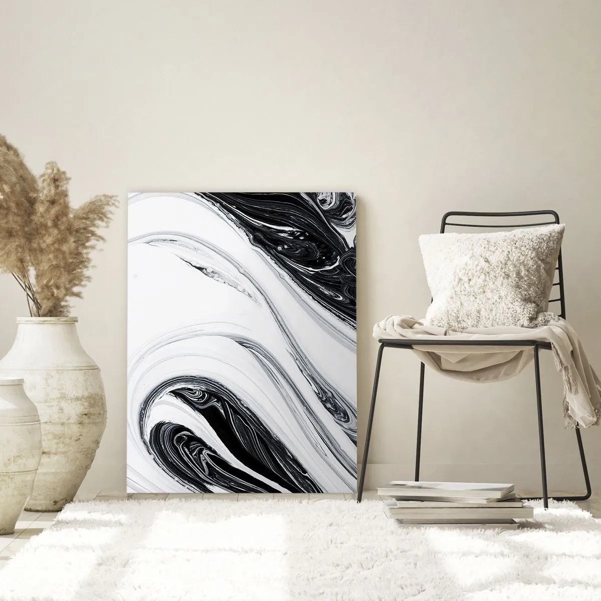 Impression sur verre - Image sur verre - Lignes tourbillonnantes noires et blanches ressemblant à du marbre dans un style abstrait - 50x70cm - Une combinaison d'opposés - Décoration murale moderne pour le salon et la chambre ARTTOR