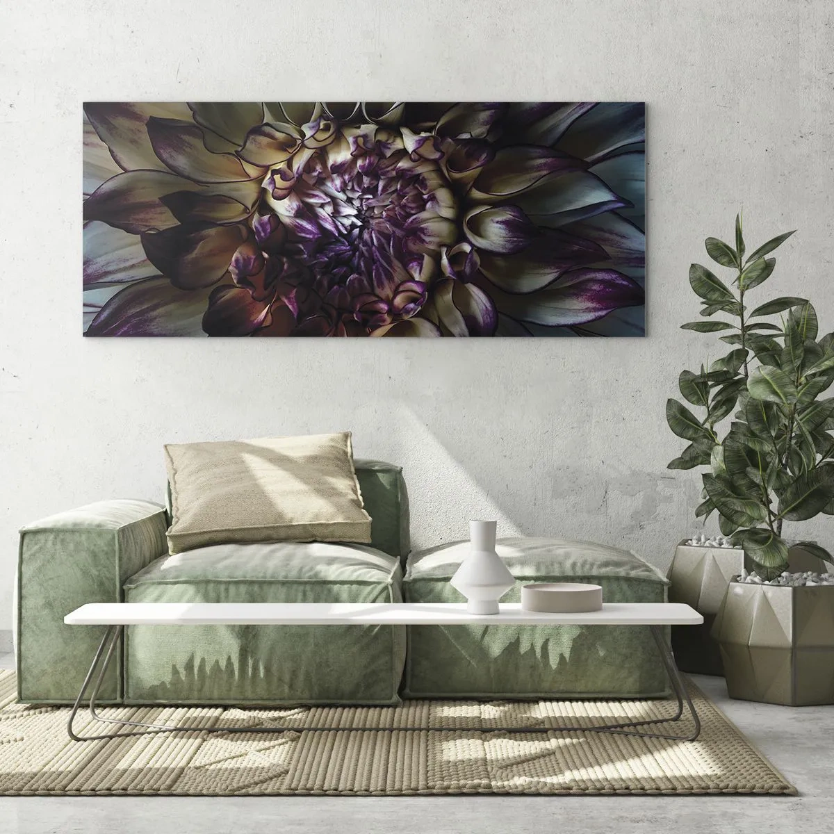 Impression sur verre - Image sur verre - Gros plan d'une fleur de dahlia dans des tons sombres - 160x50cm - L'apogée de la jeunesse - Décoration murale moderne pour le salon et la chambre ARTTOR