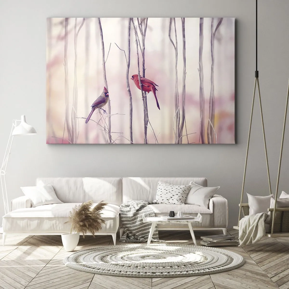 Impression sur toile - Image sur toile - Un couple de cardinaux perchés sur des branches dans un paysage pastel - 120x80cm - Conte de la forêt rose - Décoration murale moderne pour le salon et la chambre ARTTOR