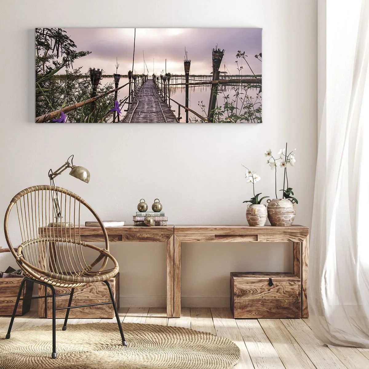 Impression sur toile - Image sur toile - Pont de bambou sur l'eau à l'aube - 160x50cm - Le silence et le calme d'Asie - Décoration murale moderne pour le salon et la chambre ARTTOR