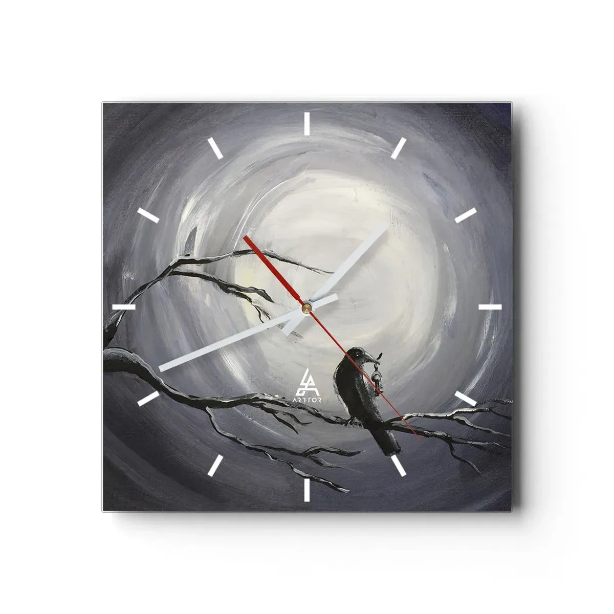 Horloge murale - Pendule murale - Oiseau noir sur une branche au clair de lune - 30x30cm - La clé du mystère de la nuit - Décoration murale moderne pour le salon et la chambre ARTTOR