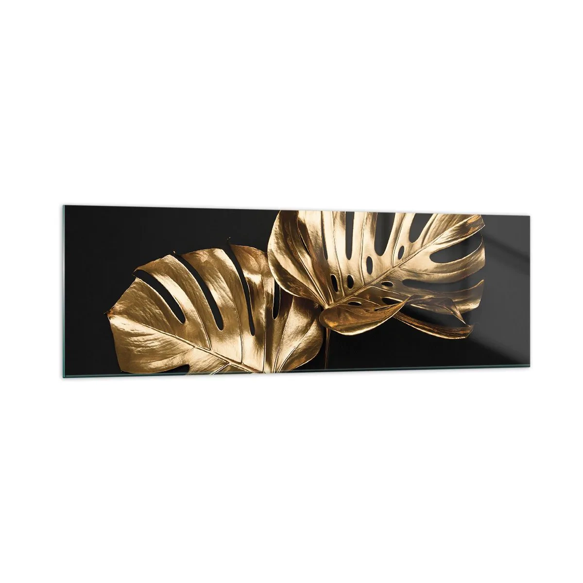 Impression sur verre - Image sur verre - Feuilles de monstera dorées sur fond noir - 160x50cm - Les trésors de la nature - Décoration murale moderne pour le salon et la chambre ARTTOR